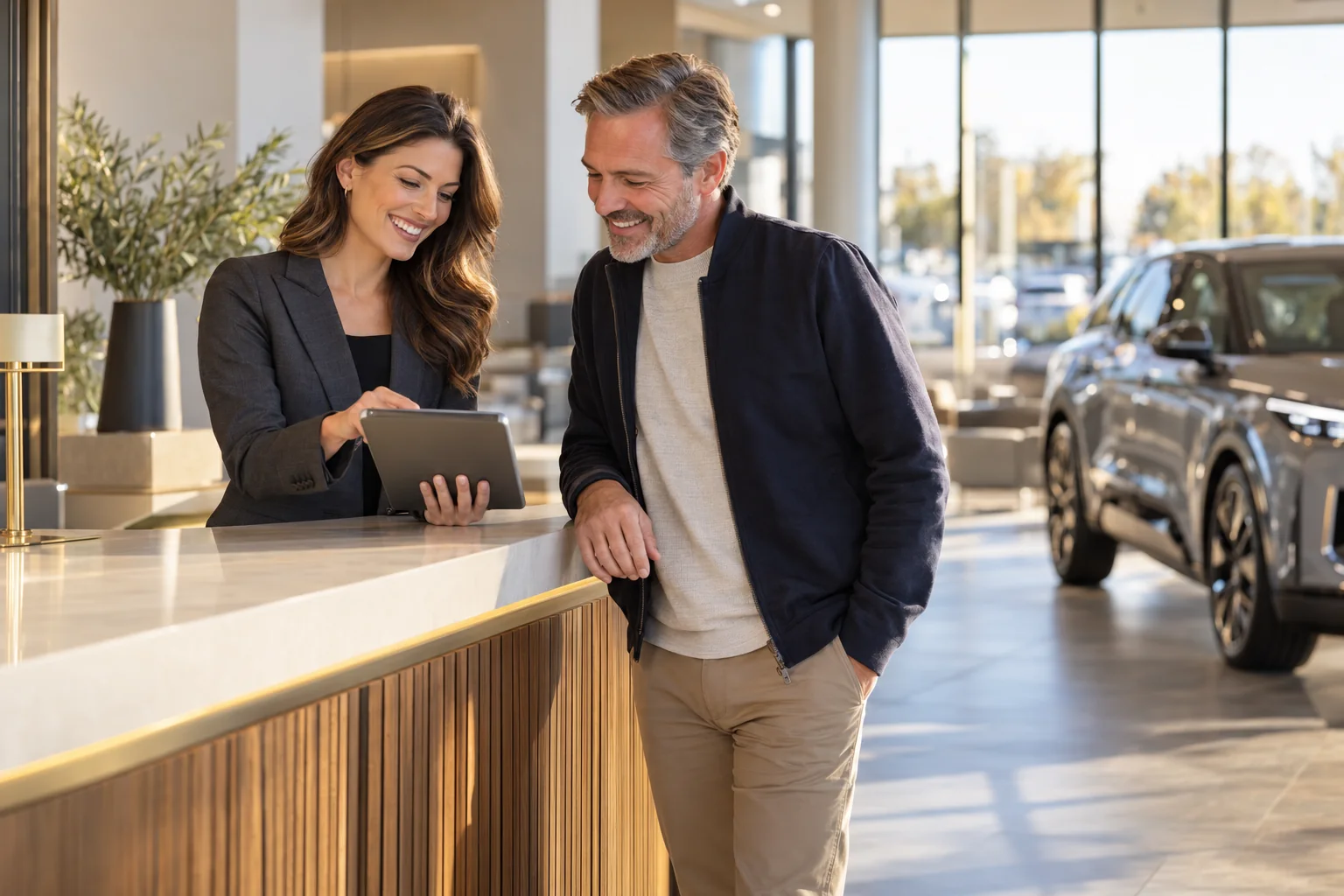 A dealership team member helps a smiling customer at the front desk