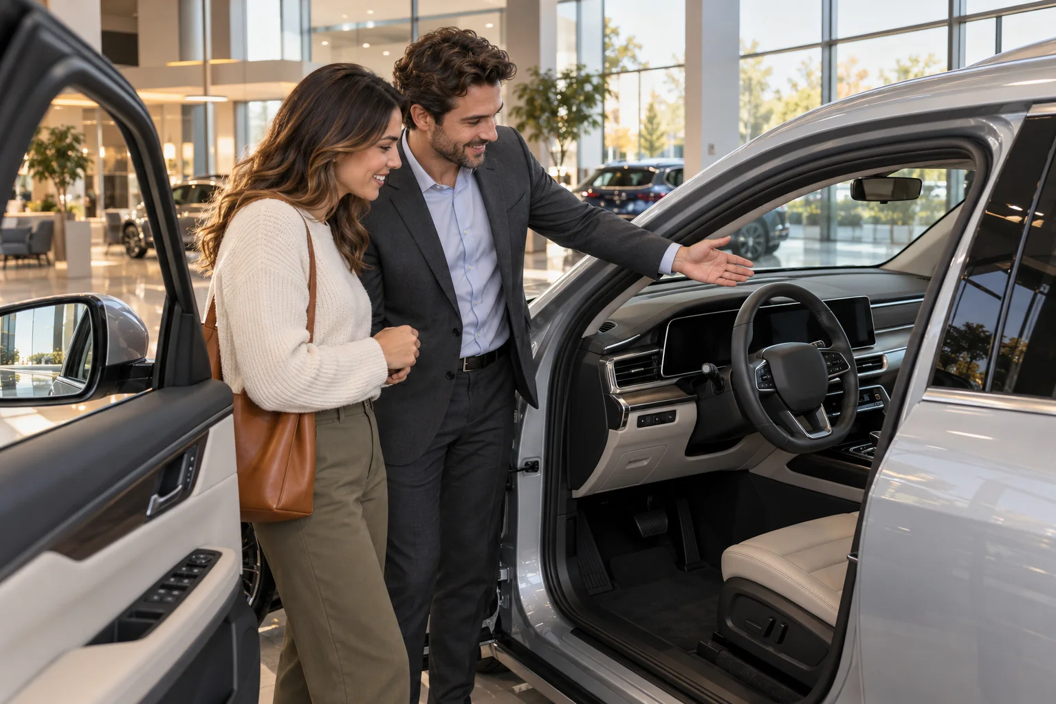 A salesperson walks a customer through a new SUV in the showroom