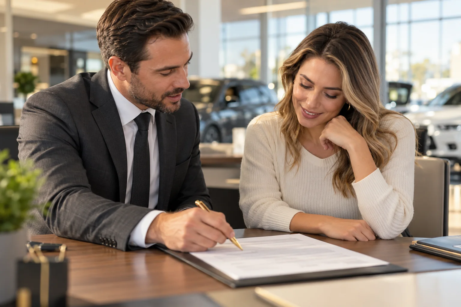 An F&I manager walks a customer through her contract with a gold pen