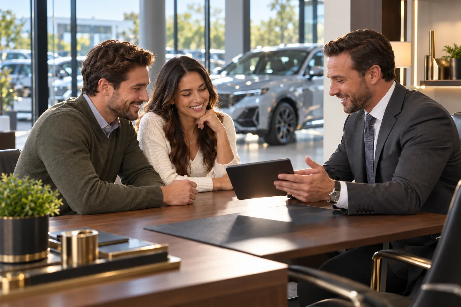 An F&I manager shows a smiling couple their deal on a tablet in the finance office