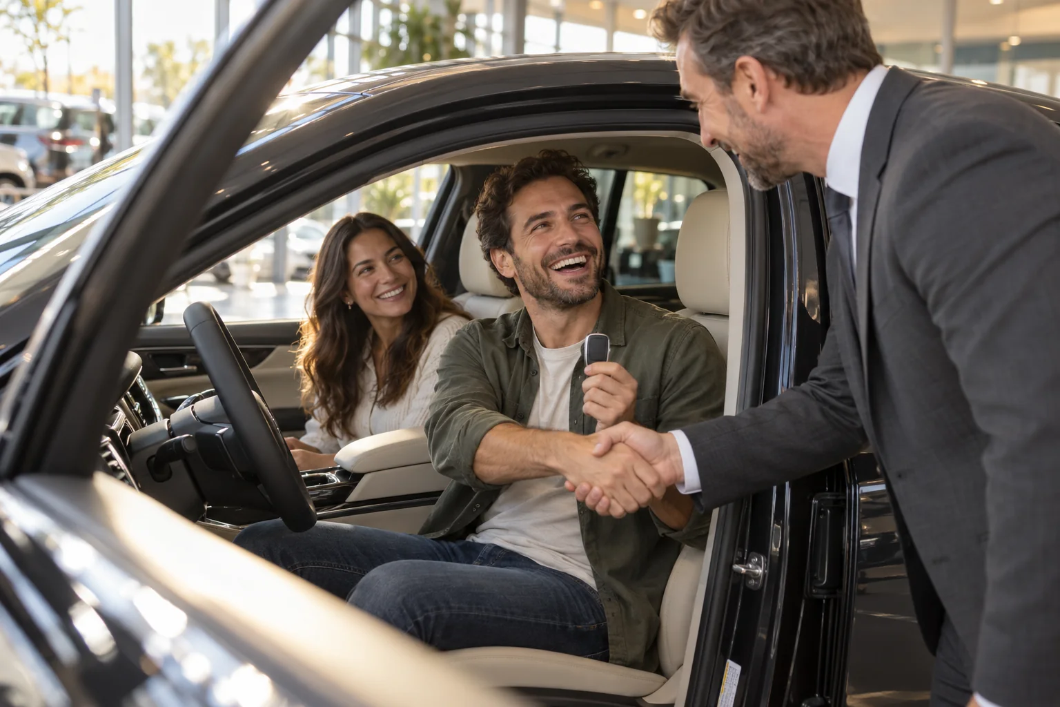 A customer laughs as he shakes hands with the F&I manager from the seat of his new car