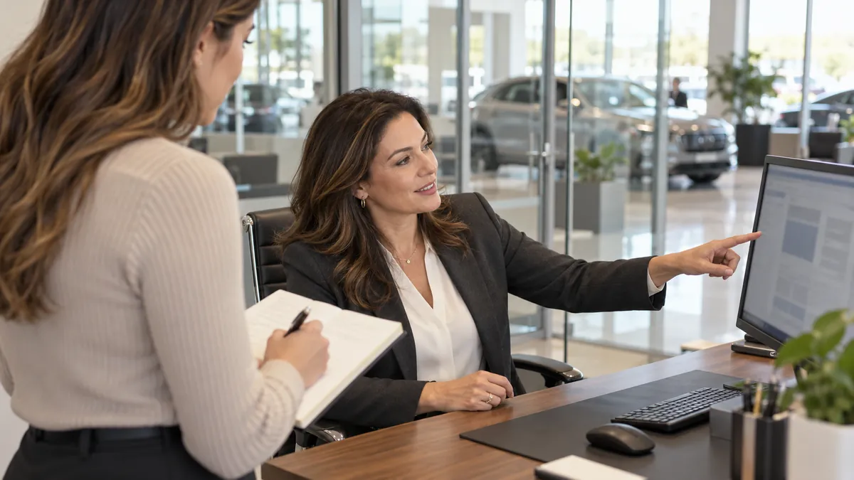 An experienced finance manager coaches a newer colleague at her desk