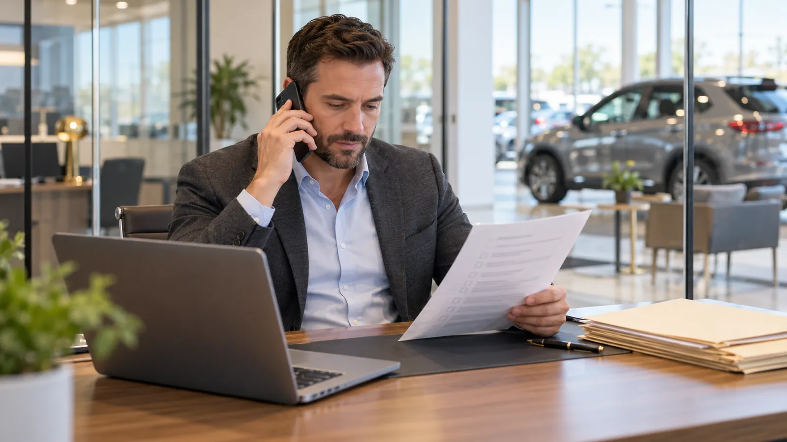 An F&I manager works through the morning’s deals at a desk in the finance office