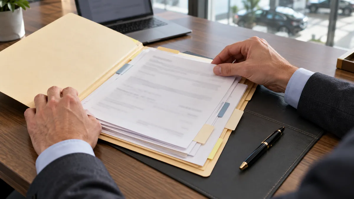 Hands organize the documents in a deal folder before it goes to the lender