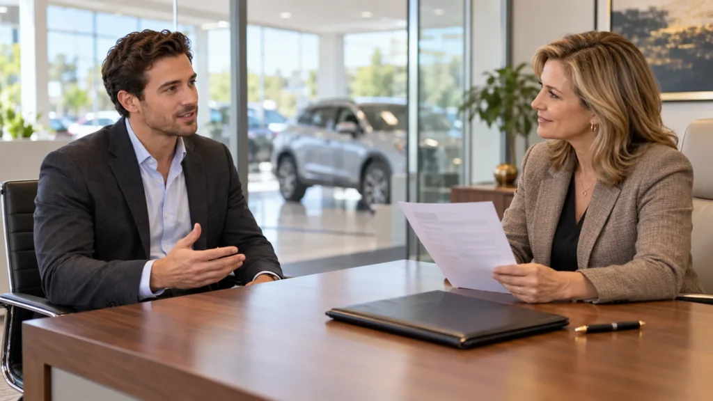 A candidate answers questions in an interview with a dealership general manager