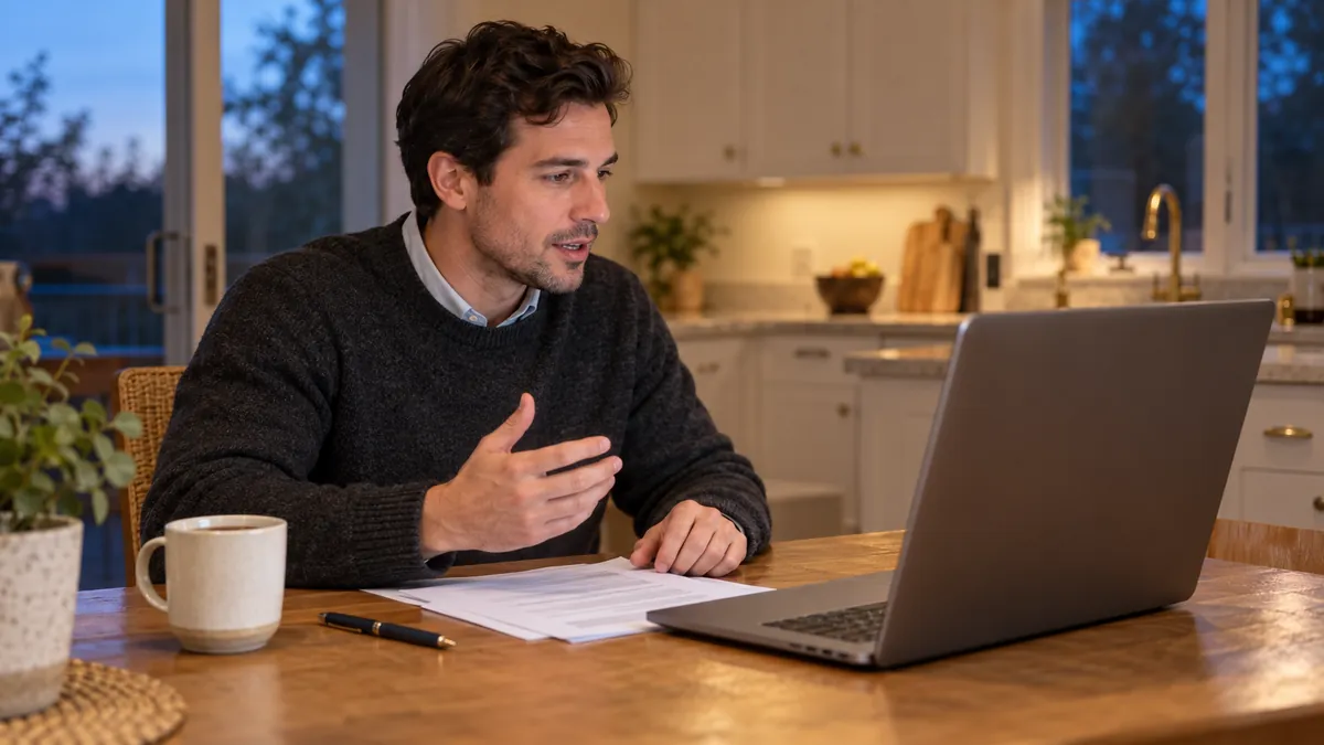 A job seeker practices interview answers out loud at home