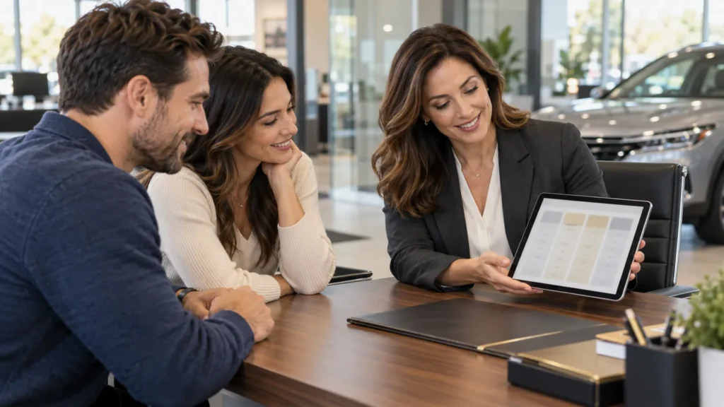 An F&I manager shows a couple their protection options side by side on a tablet