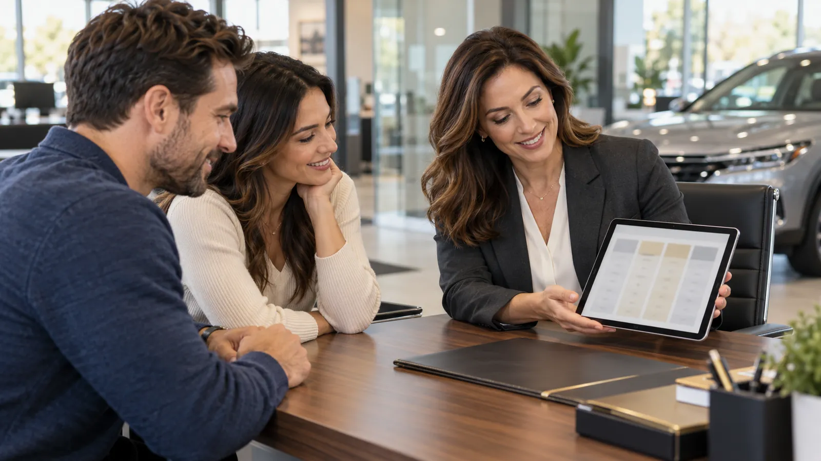 An F&I manager shows a couple their protection options side by side on a tablet
